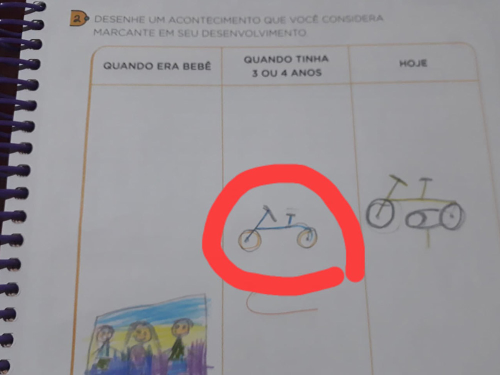 Desenho do Miguel da própria bicicleta, feito numa atividade escolar sobre o acontecimento mais marcante do seu desenvolvimento