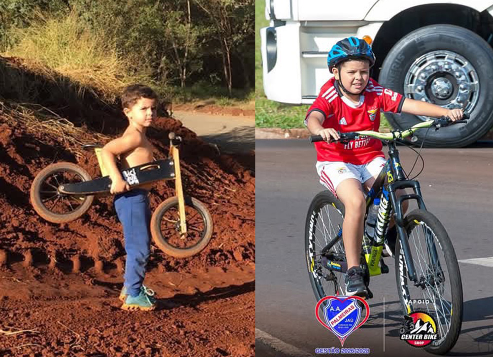 Henry com a Biciquetinha de equilíbrio e, depois, pedalando sozinho